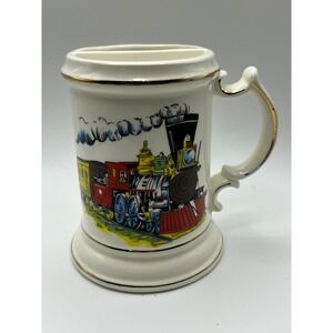 Vintage Ceramic Mustache Cup Train Steam Locomotive Graphic Gold Trim Cream Mug
